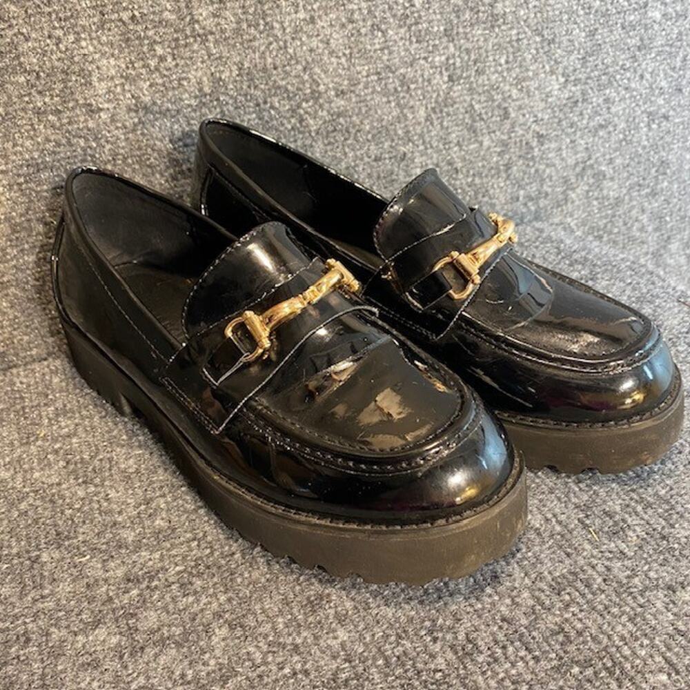 Princess Polly Capri Black Patent Leather Loafers Shoes Gold Bit Womens 7